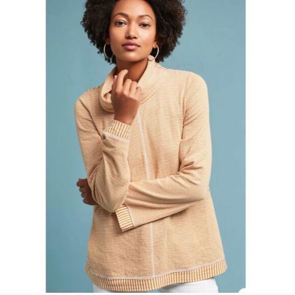 Anthropologie Maeve Tie Cowl Neck Striped Sweater Small Yellow White Sweatshirt - Picture 1 of 10